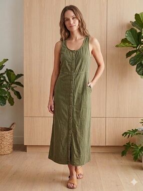 Sleeveless Olive Green Button-Front Maxi Dress with Pockets